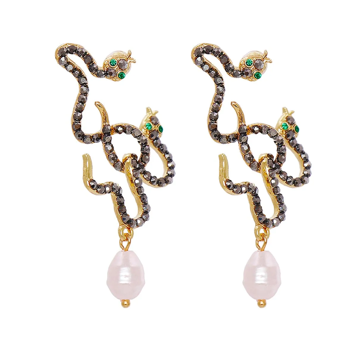 Black Cubic Zirconia & Pearl 18K Gold-Plated Double Snake Drop Earrings