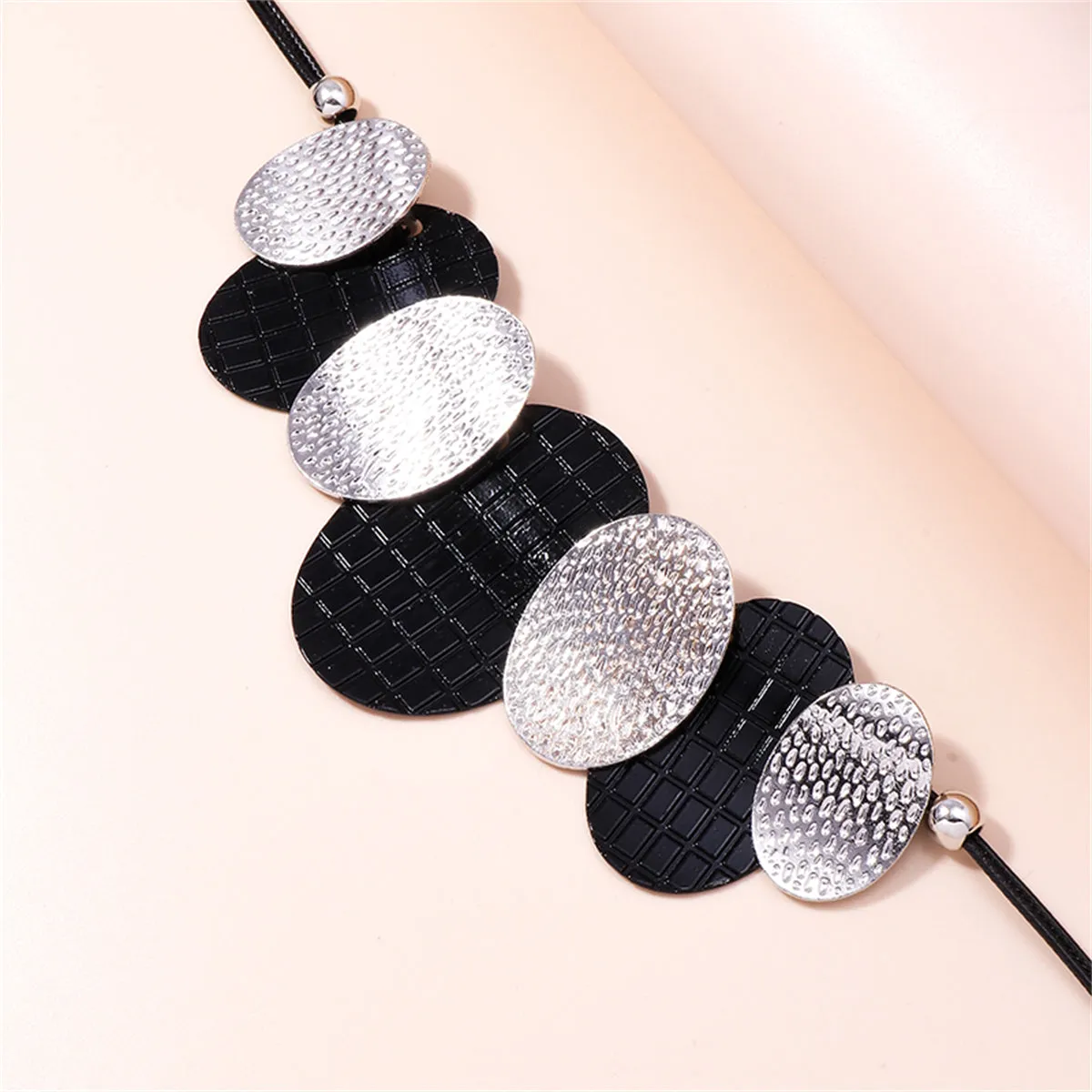 Black Polystyrene & Silver-Plated Oval Statement Necklace
