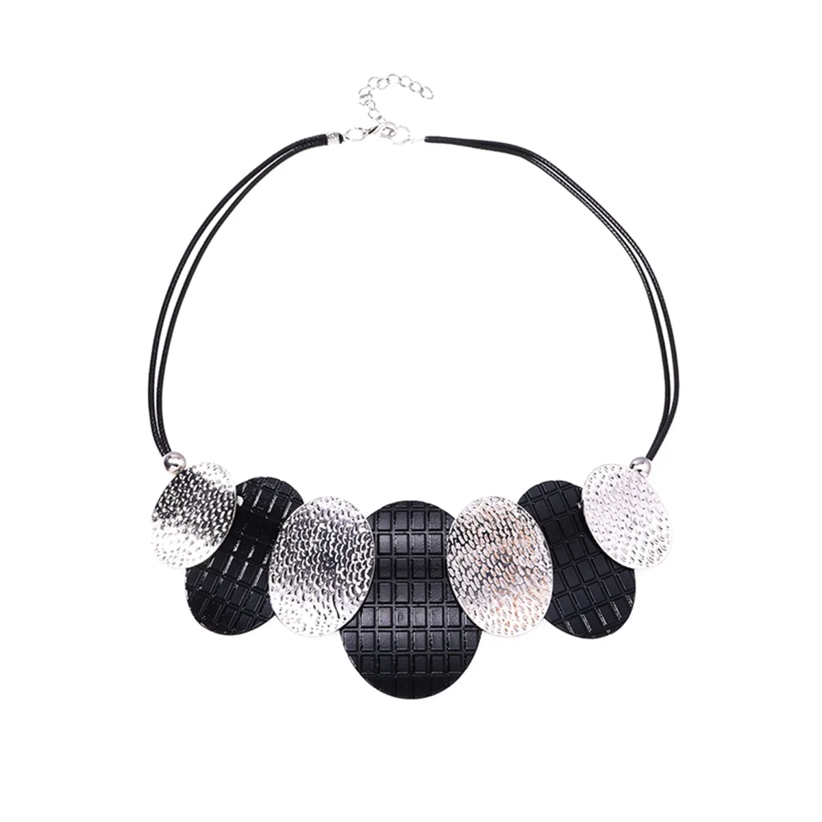 Black Polystyrene & Silver-Plated Oval Statement Necklace