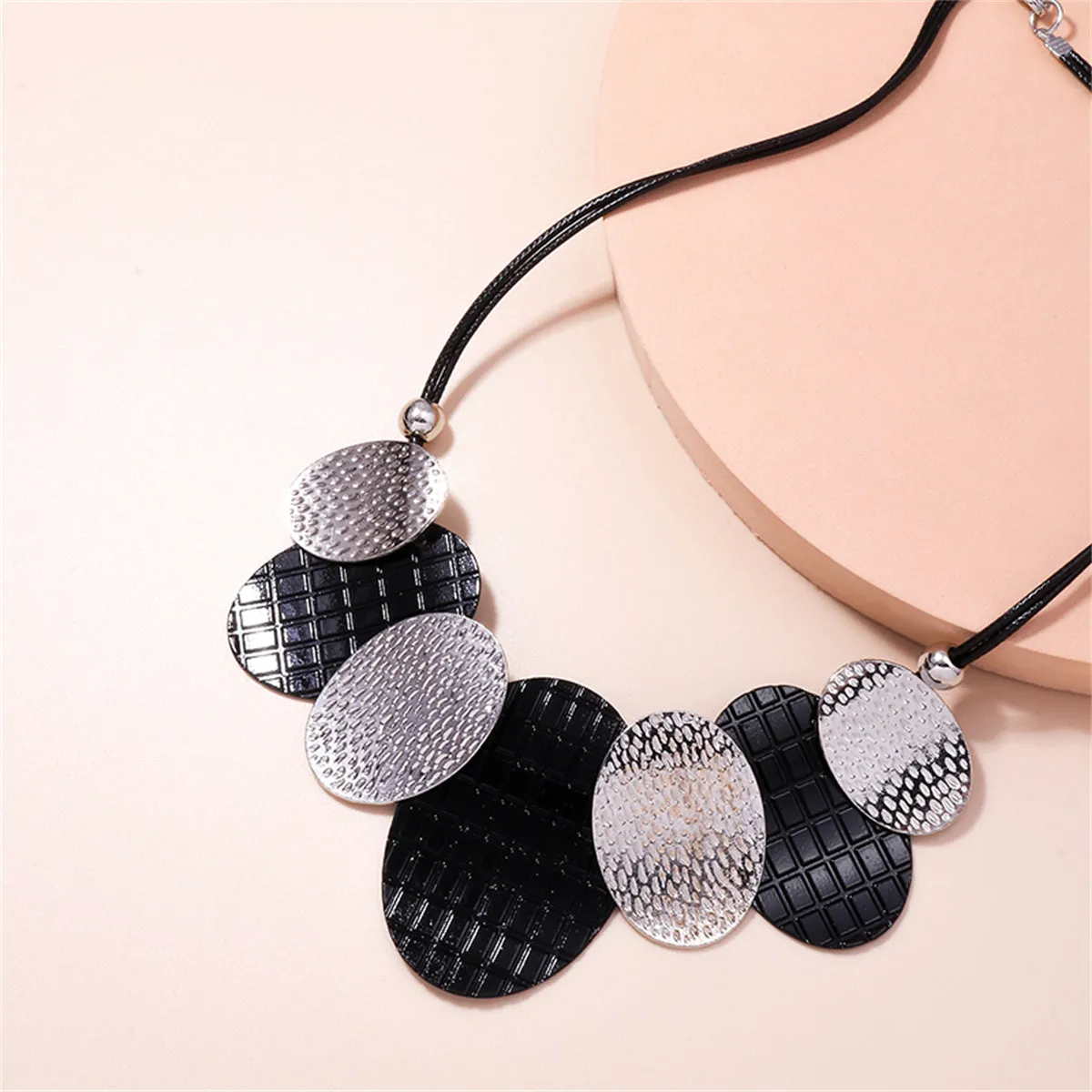 Black Polystyrene & Silver-Plated Oval Statement Necklace