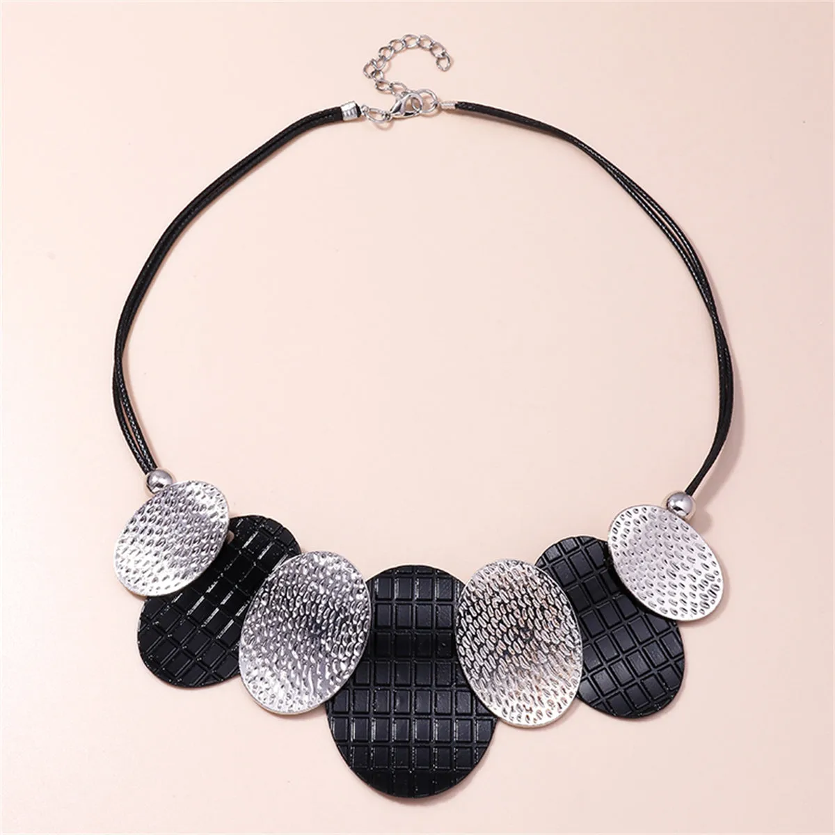 Black Polystyrene & Silver-Plated Oval Statement Necklace