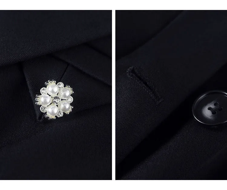 Black Suit Casual Blazer Coat & Classic High Waist Pleated Dress Autumn Wear
