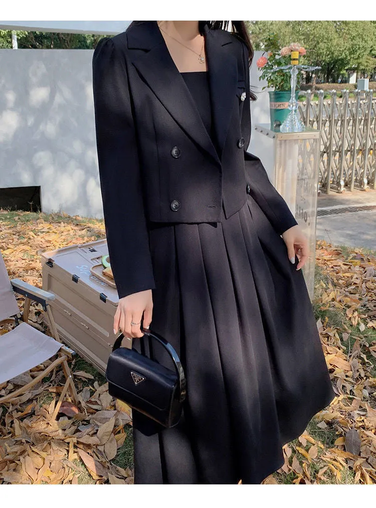 Black Suit Casual Blazer Coat & Classic High Waist Pleated Dress Autumn Wear