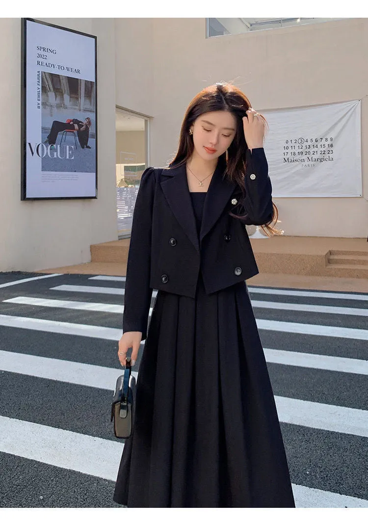 Black Suit Casual Blazer Coat & Classic High Waist Pleated Dress Autumn Wear