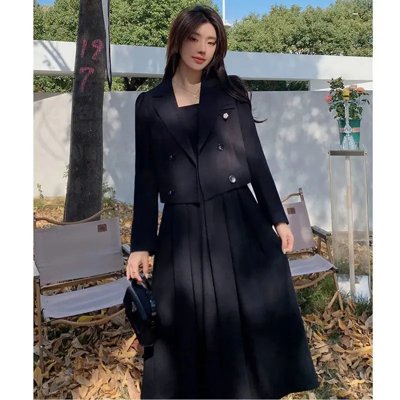 Black Suit Casual Blazer Coat & Classic High Waist Pleated Dress Autumn Wear