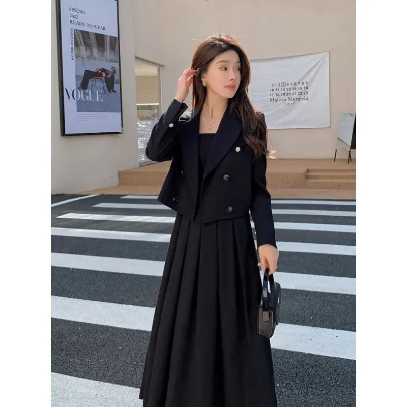 Black Suit Casual Blazer Coat & Classic High Waist Pleated Dress Autumn Wear