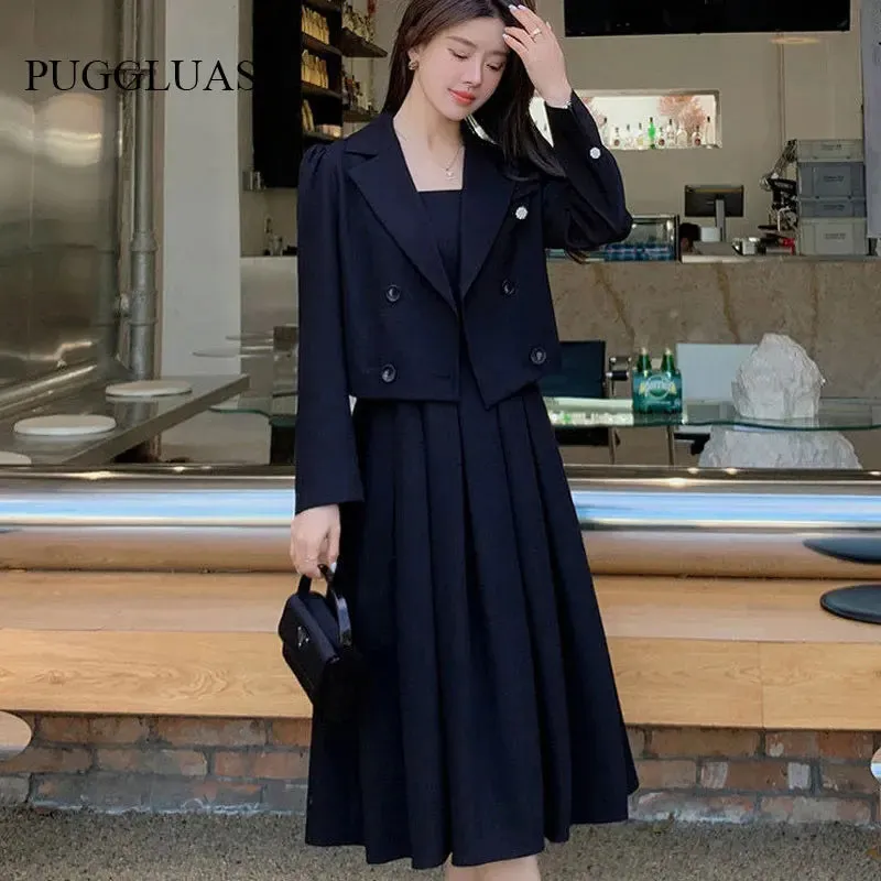 Black Suit Casual Blazer Coat & Classic High Waist Pleated Dress Autumn Wear