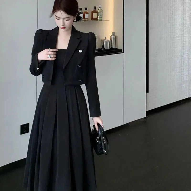 Black Suit Casual Blazer Coat & Classic High Waist Pleated Dress Autumn Wear