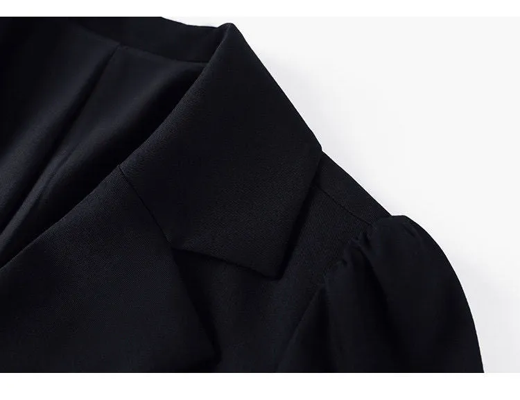 Black Suit Casual Blazer Coat & Classic High Waist Pleated Dress Autumn Wear