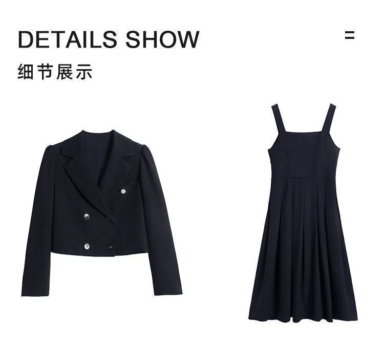 Black Suit Casual Blazer Coat & Classic High Waist Pleated Dress Autumn Wear