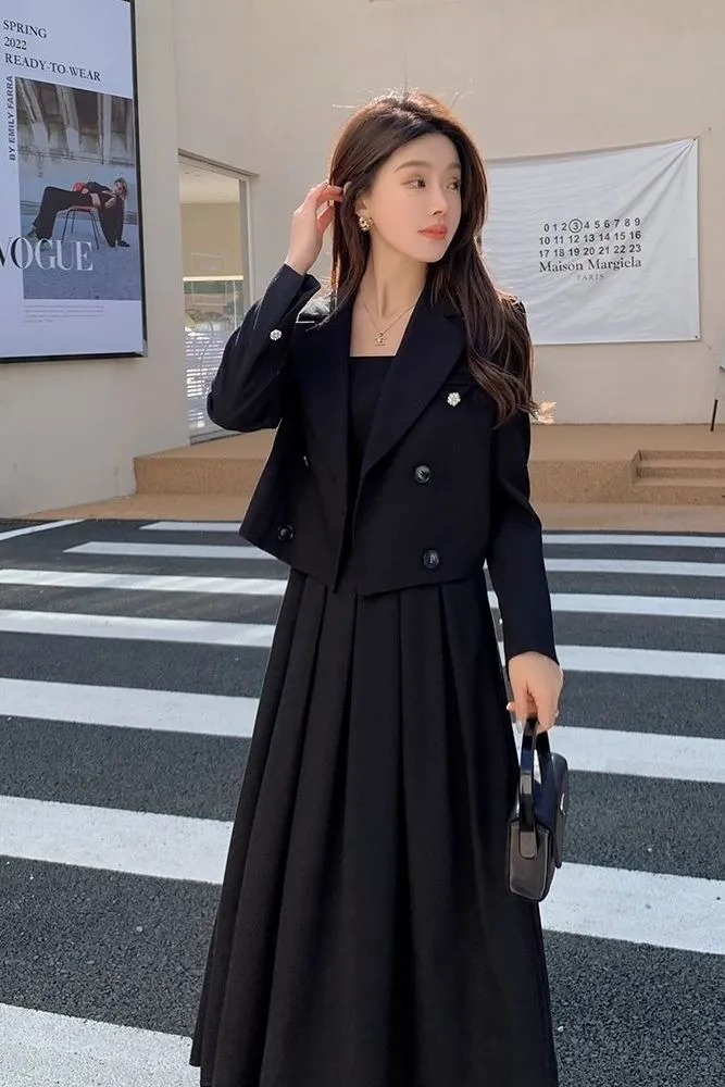 Black Suit Casual Blazer Coat & Classic High Waist Pleated Dress Autumn Wear