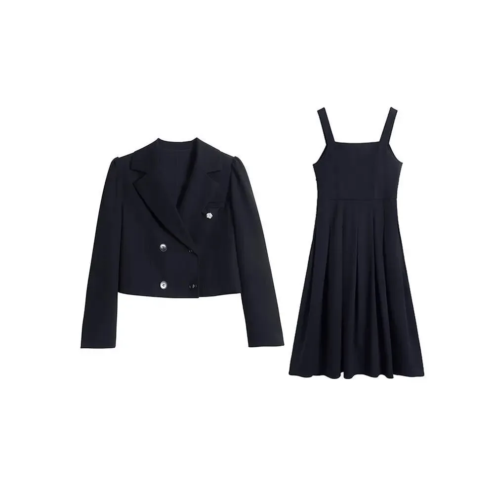 Black Suit Casual Blazer Coat & Classic High Waist Pleated Dress Autumn Wear