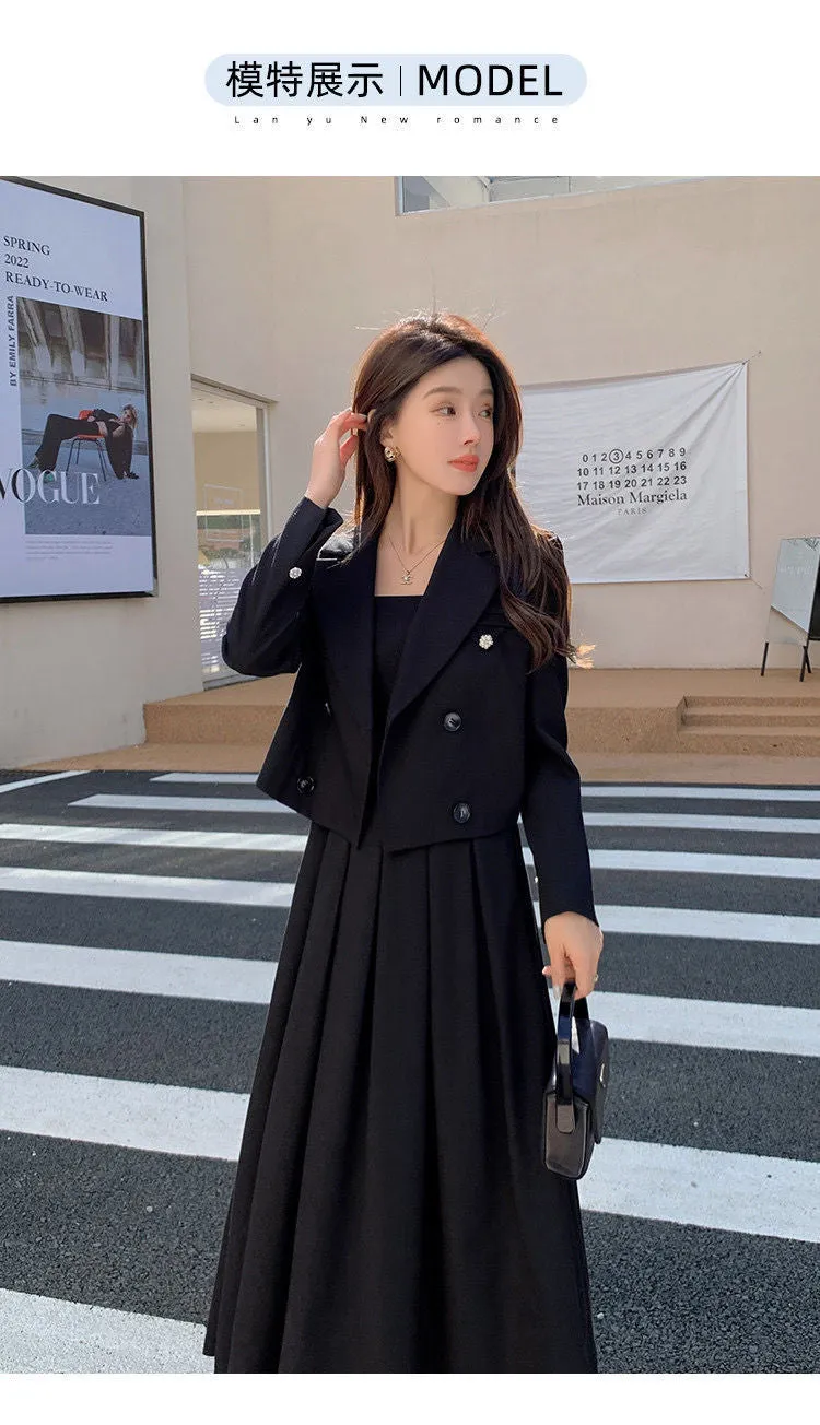 Black Suit Casual Blazer Coat & Classic High Waist Pleated Dress Autumn Wear