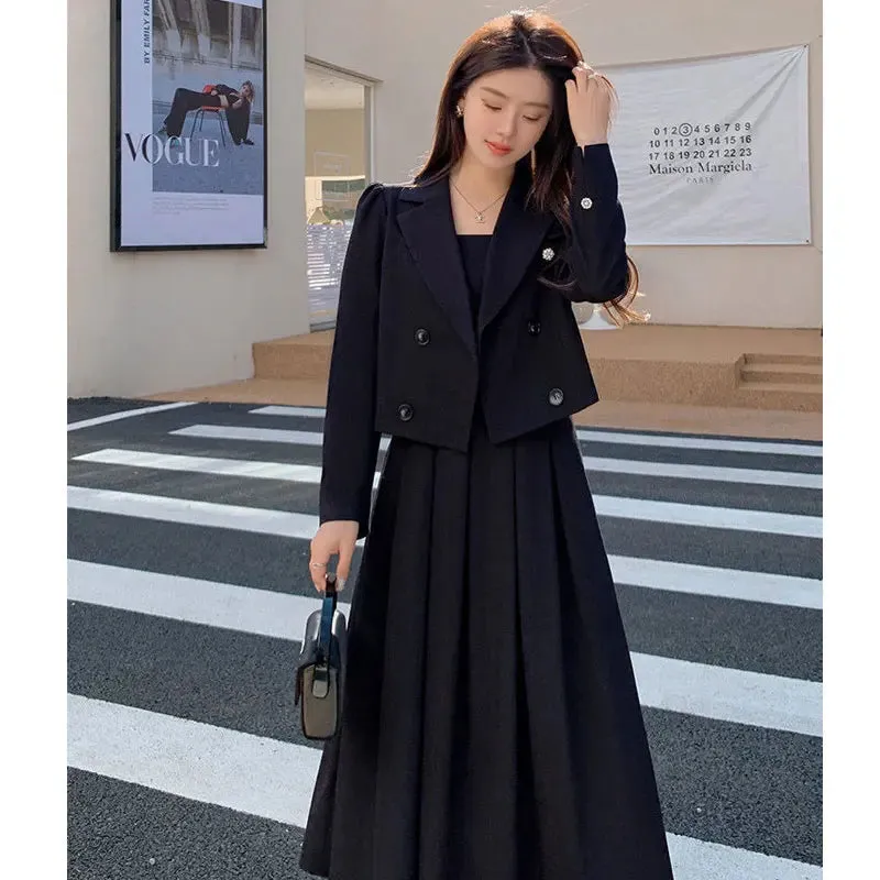 Black Suit Casual Blazer Coat & Classic High Waist Pleated Dress Autumn Wear