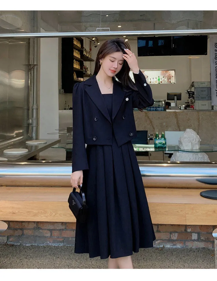 Black Suit Casual Blazer Coat & Classic High Waist Pleated Dress Autumn Wear