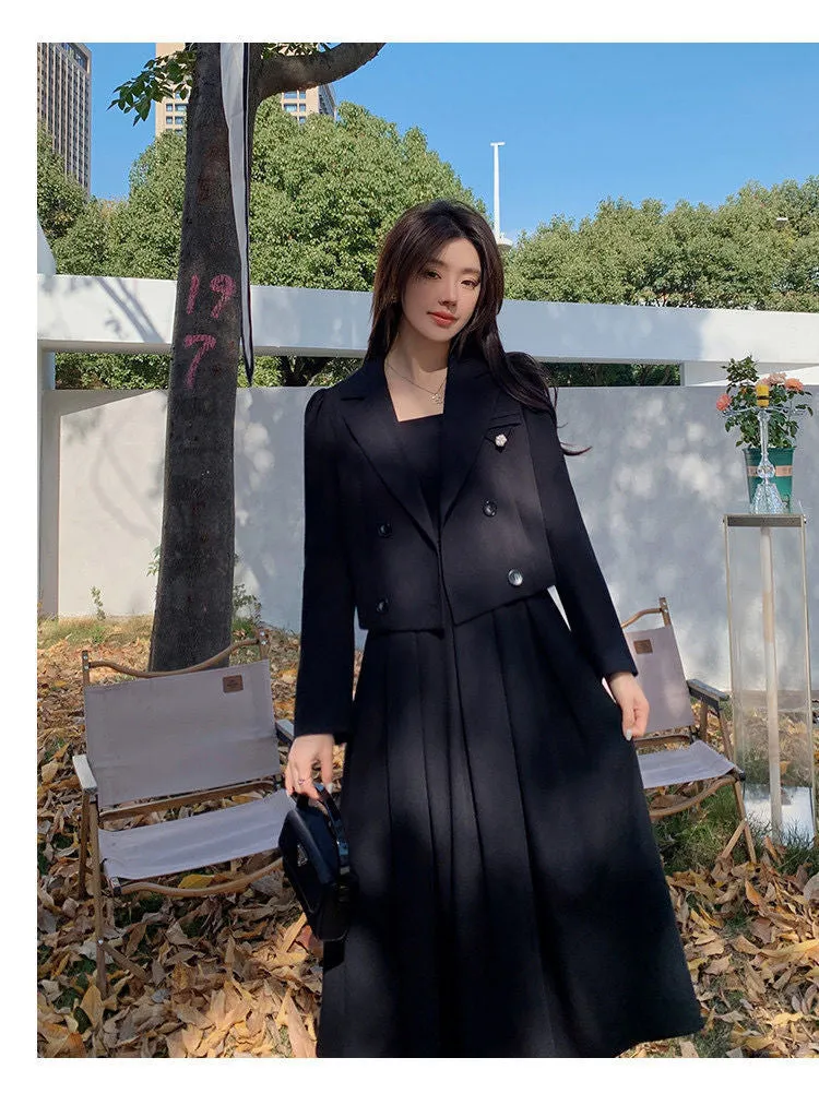 Black Suit Casual Blazer Coat & Classic High Waist Pleated Dress Autumn Wear