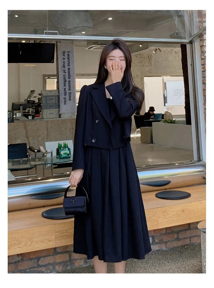 Black Suit Casual Blazer Coat & Classic High Waist Pleated Dress Autumn Wear