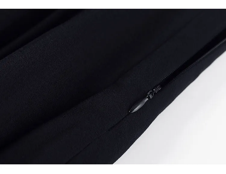 Black Suit Casual Blazer Coat & Classic High Waist Pleated Dress Autumn Wear