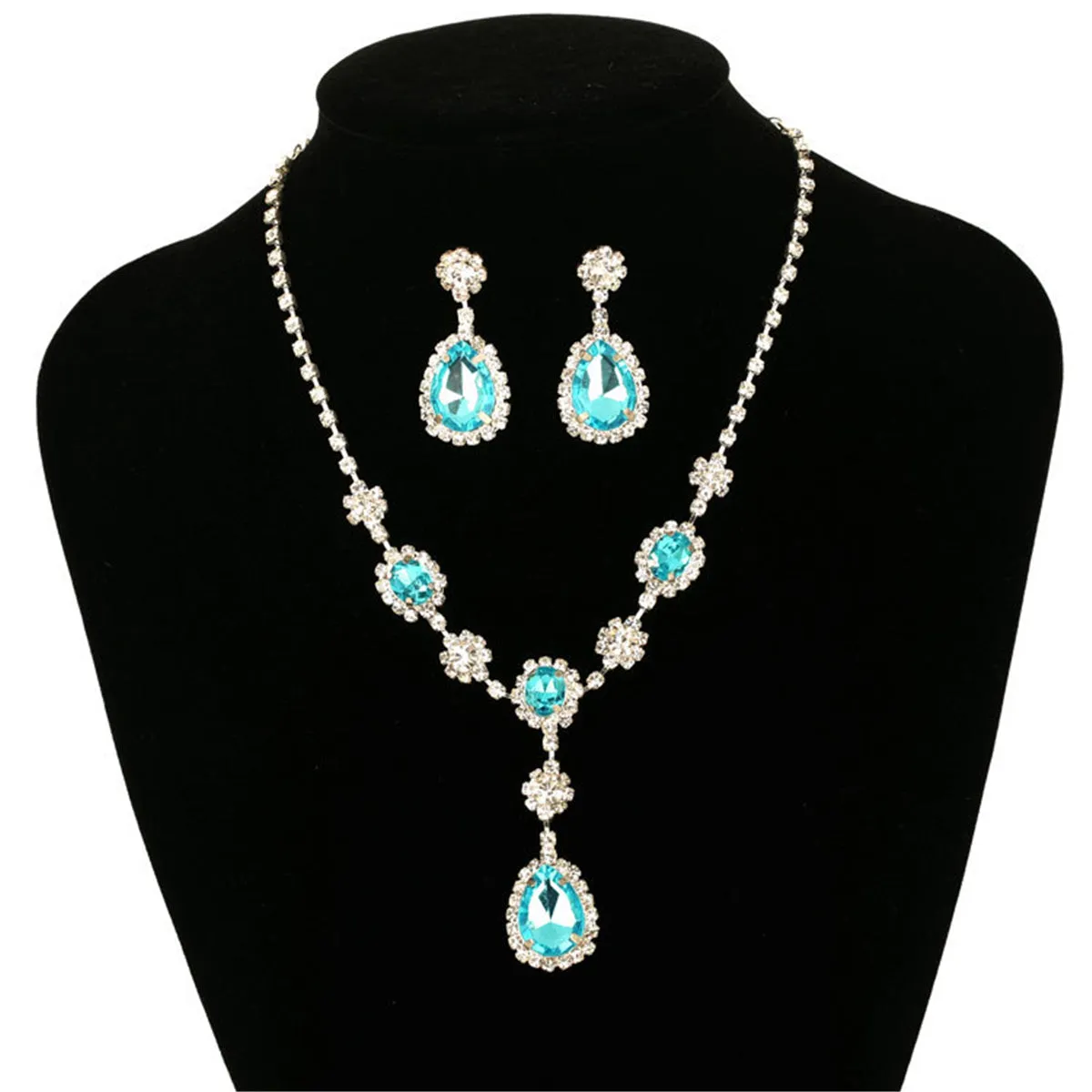 Blue Crystal & Cubic Zirconia Drop Earrings & Statement Necklace