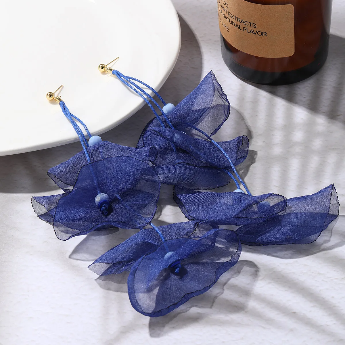 Blue Polyster & Acrylic 18K Gold-Plated Five-Petal Drop Earrings
