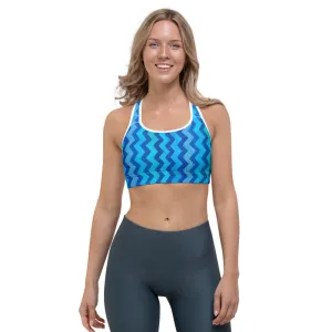 Blue Zig Zag Sports bra with Pomeranian
