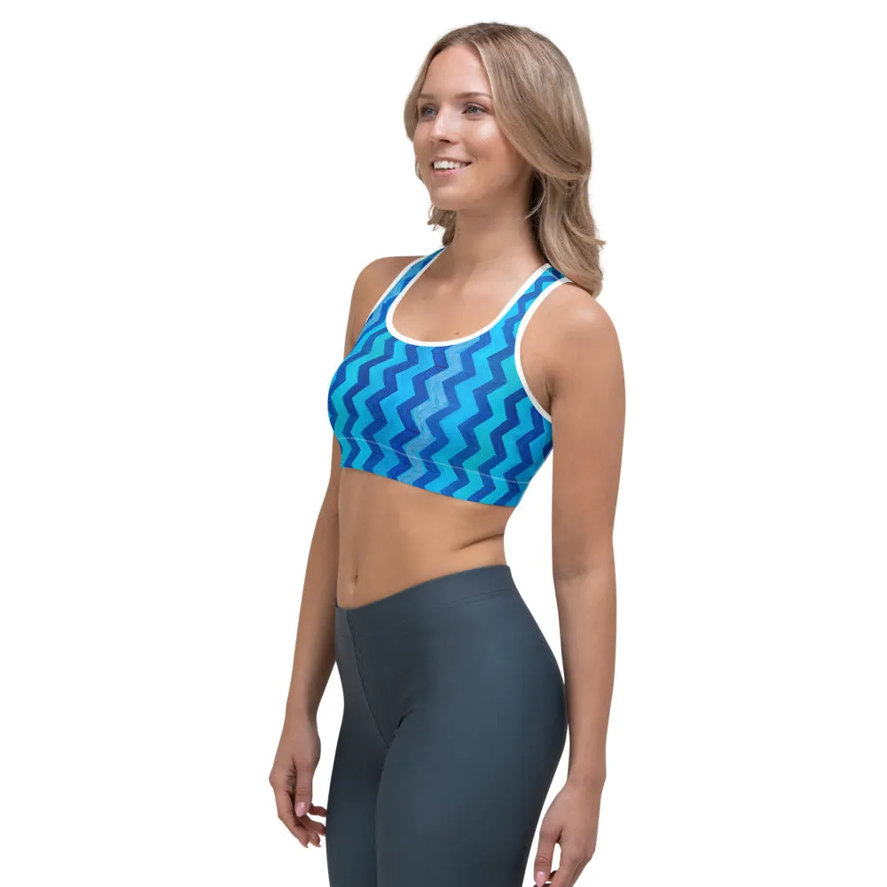 Blue Zig Zag Sports bra with Pomeranian