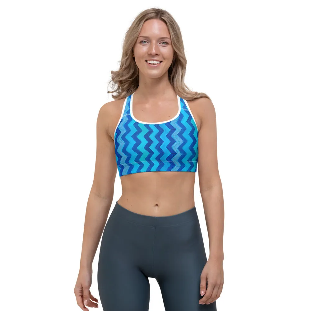 Blue Zig Zag Sports bra with Pomeranian