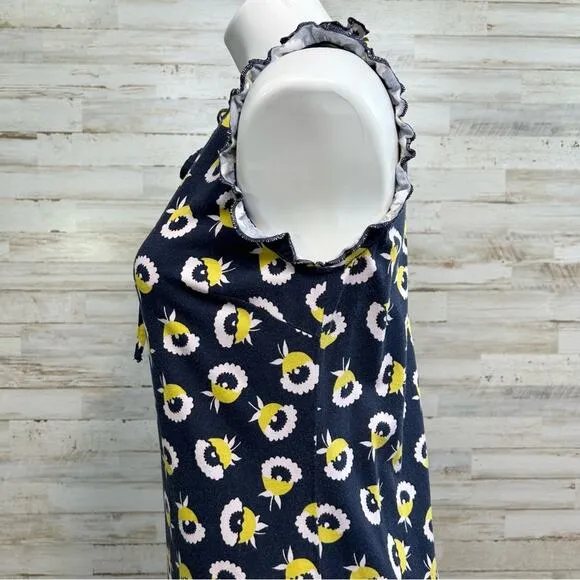 Boden Lois Knit Sleeveless Floral Dress Womens Size 6 Navy Yellow Ruffle Tie