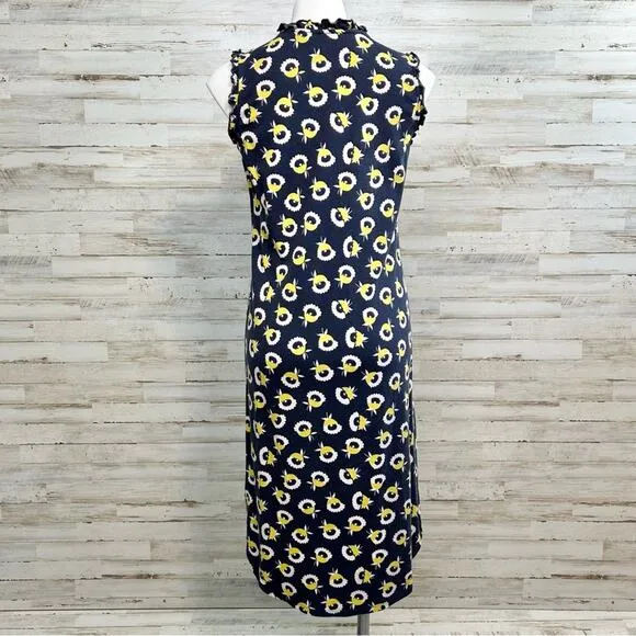 Boden Lois Knit Sleeveless Floral Dress Womens Size 6 Navy Yellow Ruffle Tie