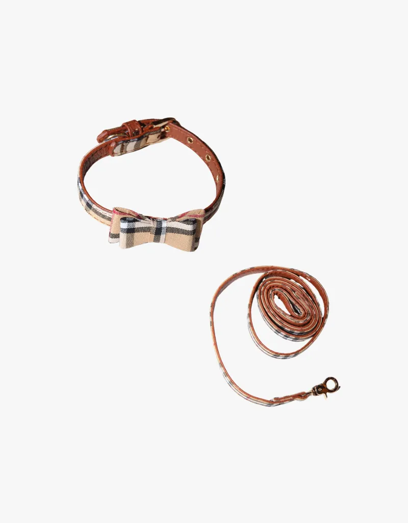 Branded Plaid Dog Collars with Matching Leash in Cream Plaid