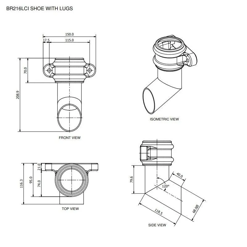 Brett Martin Round 68mm Cast Iron Effect Shoe with Lugs (BR216LCI)