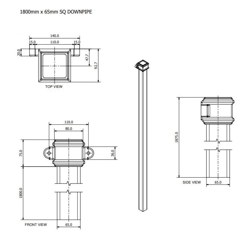 Brett Martin Square 65mm Cast Iron Effect Socketed Downpipe with Lugs - 2.5m (BR5025LCI)