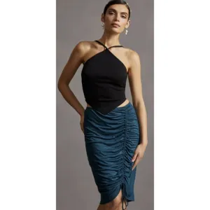 BY ANTHROPOLOGIE Ruched Knit Midi Skirt in Navy Teal Green Stretch - Size M