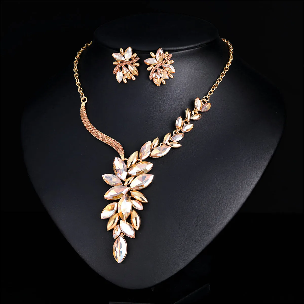 Champagne Crystal & Cubic Zirconia 18K Gold-Plated Botany Cluster Station Necklace Set