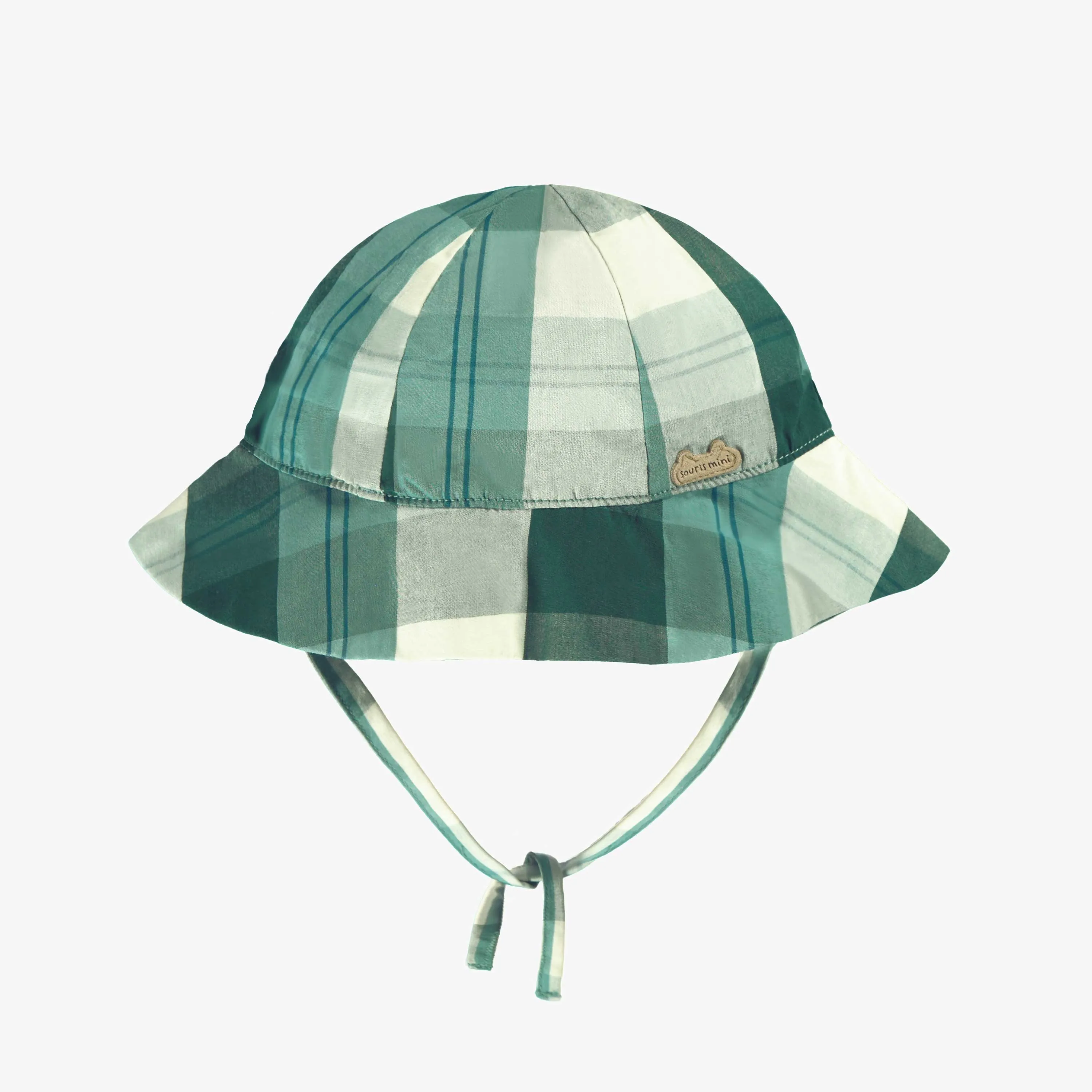 Chapeau cloche vert et turquoise à carreaux, bébé || Green and turquoise cloche hat in plaid, baby