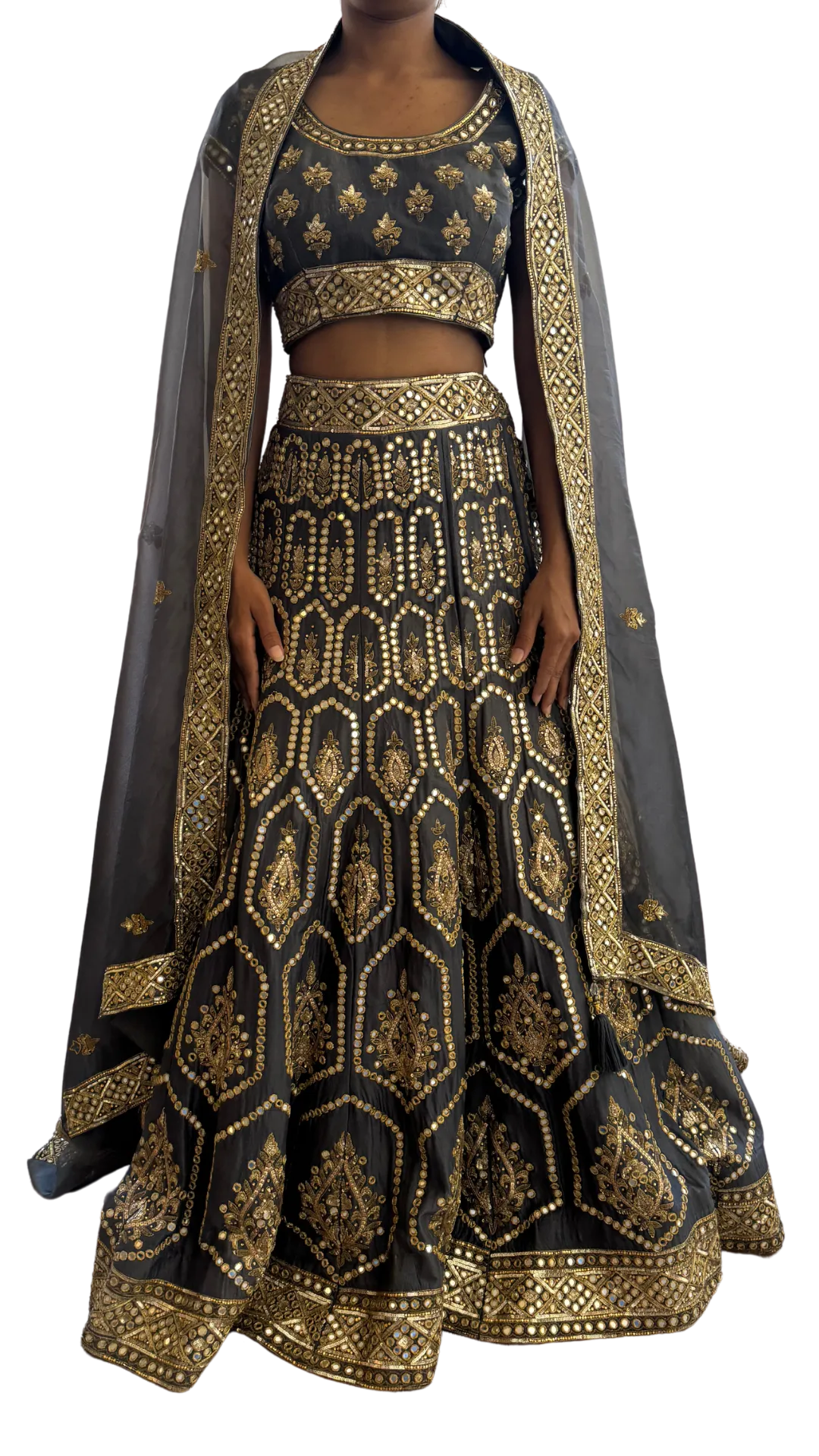 Charcoal & Gold Heavily Mirrored Lehenga