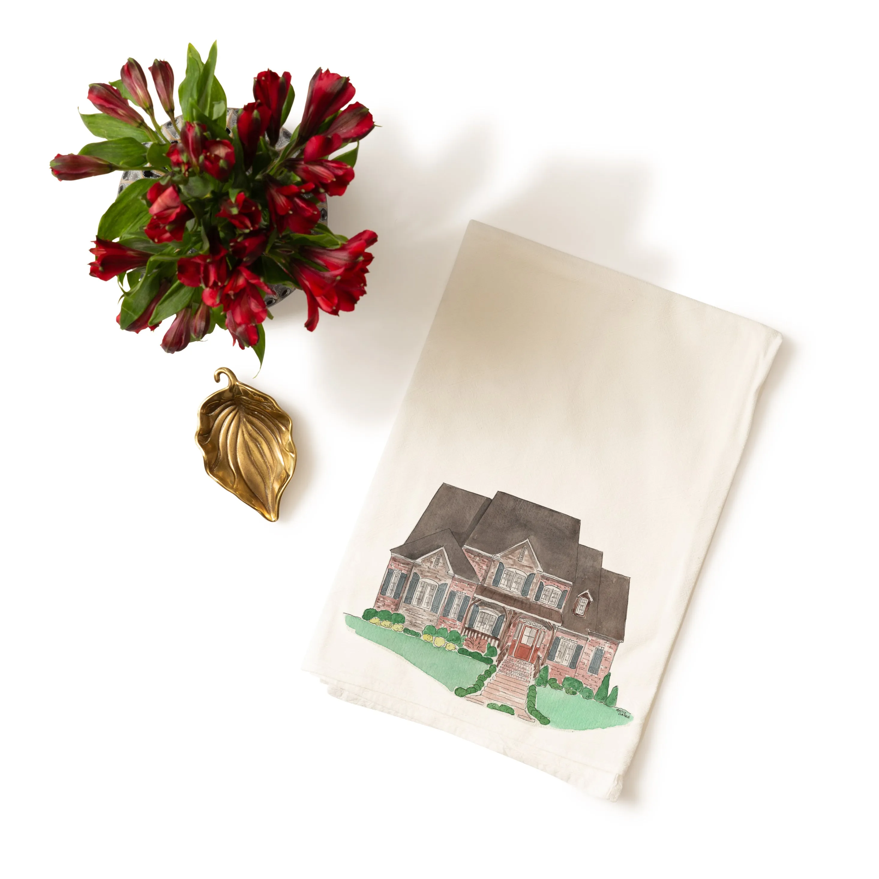 Classic Watercolor House Portrait Tea Towel