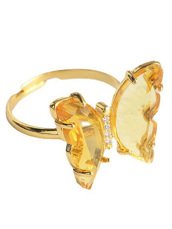 Combo Of Yellow Crystal Butterfly Pendant, Earrings With Ring