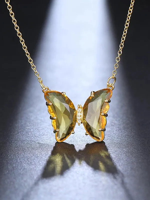Combo Of Yellow Crystal Butterfly Pendant, Earrings With Ring