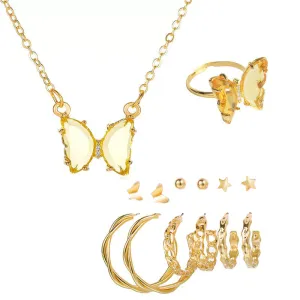 Combo Of Yellow Crystal Butterfly Pendant, Earrings With Ring