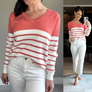 Coral V Neck Striped Loose Sweater