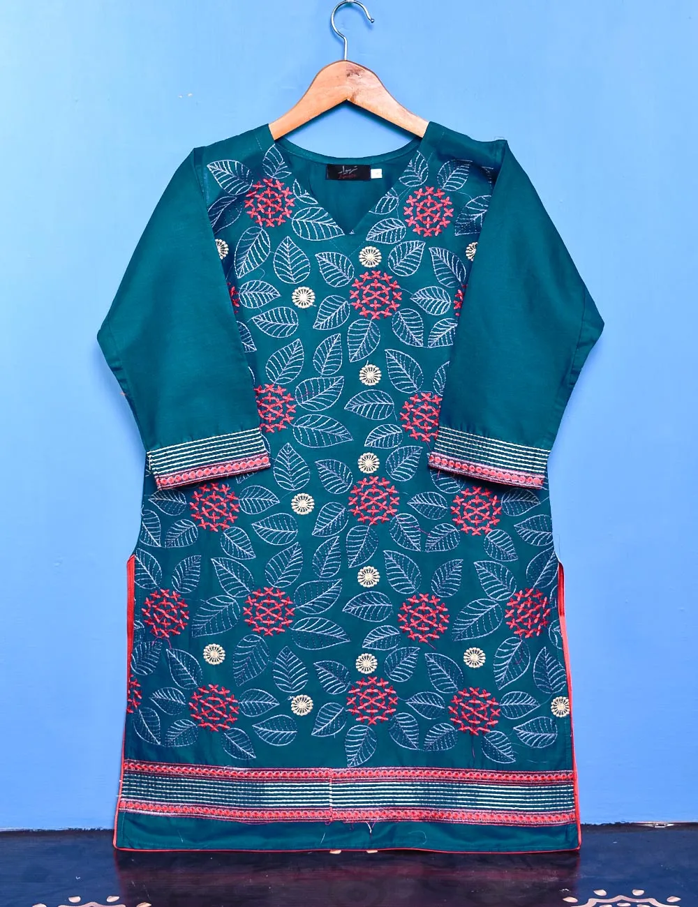 Cotton Embroidered Stitched Kurti - Foliole (TS-033A-Turquoise)