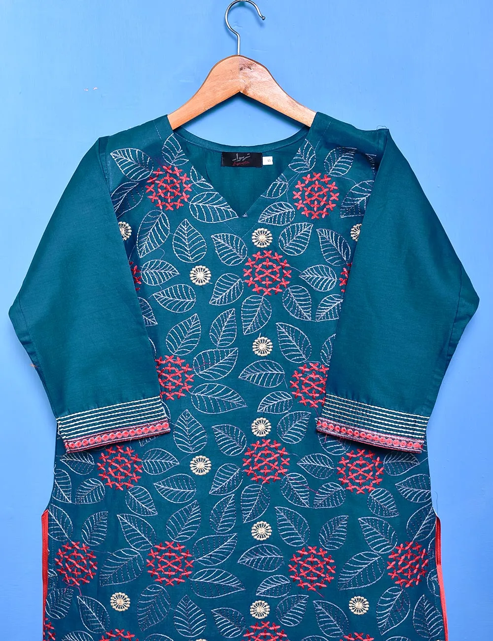 Cotton Embroidered Stitched Kurti - Foliole (TS-033A-Turquoise)