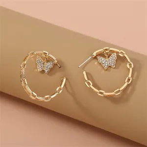 Cubic Zirconia & 18K Gold-Plated Butterfly Chain Hoop Earrings