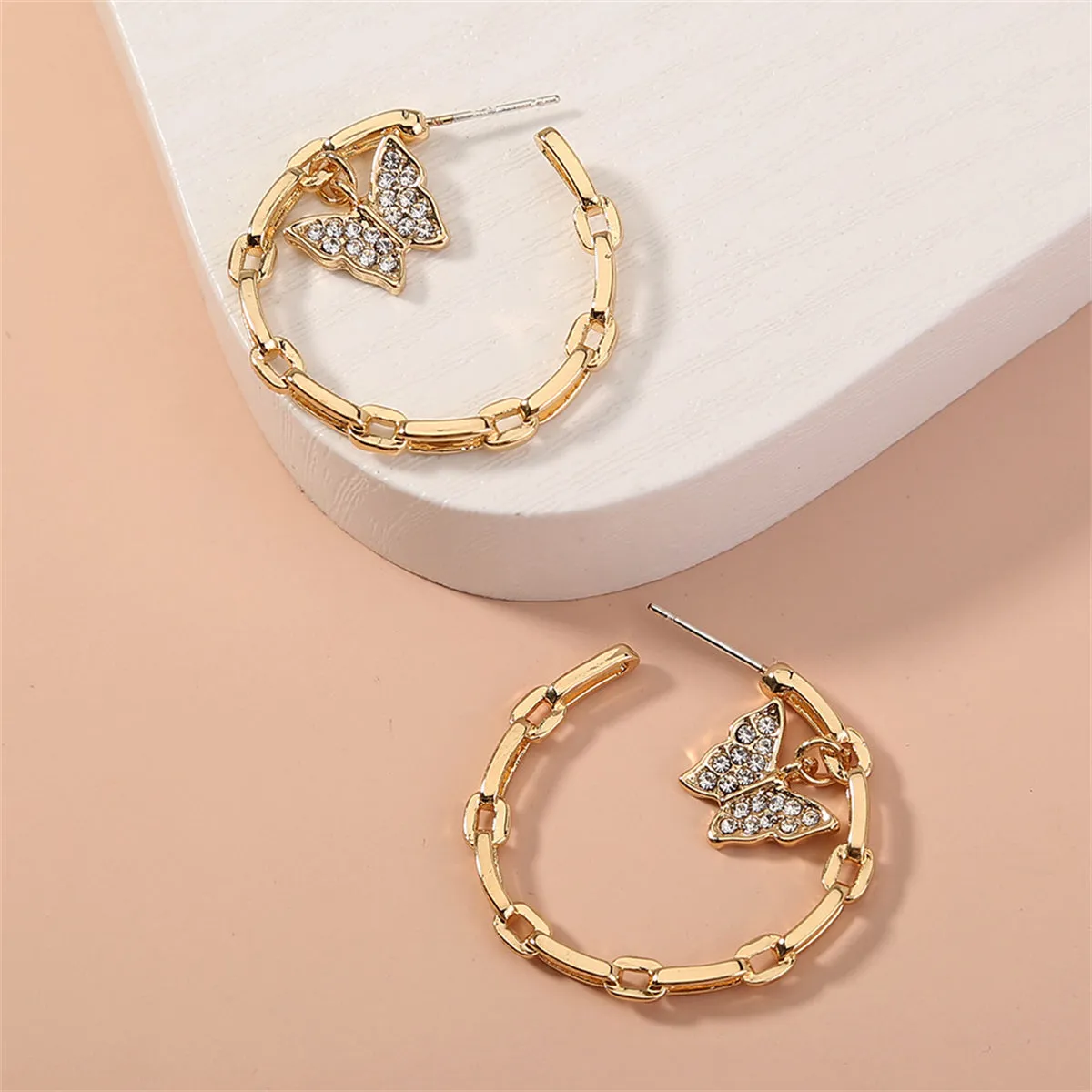 Cubic Zirconia & 18K Gold-Plated Butterfly Chain Hoop Earrings