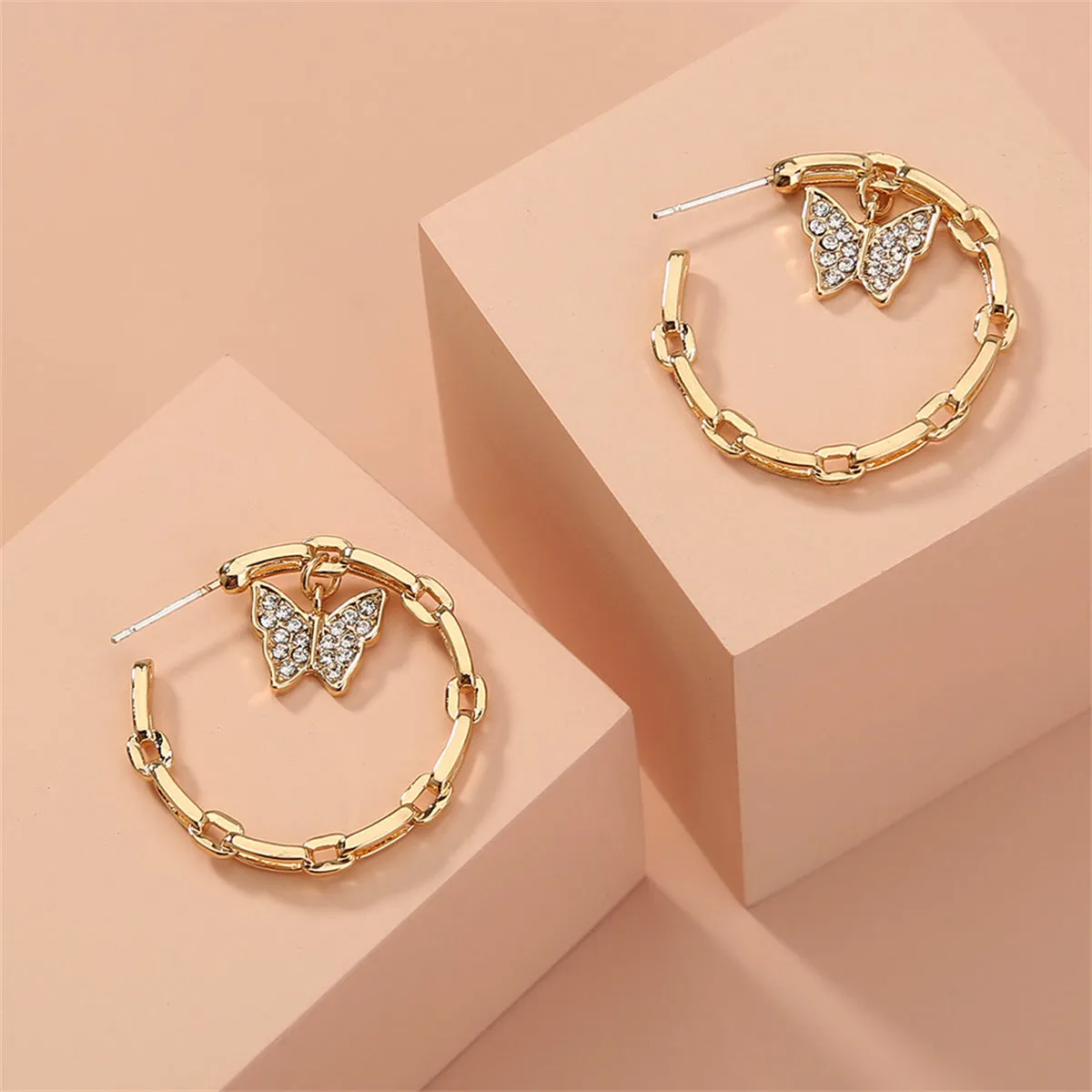 Cubic Zirconia & 18K Gold-Plated Butterfly Chain Hoop Earrings