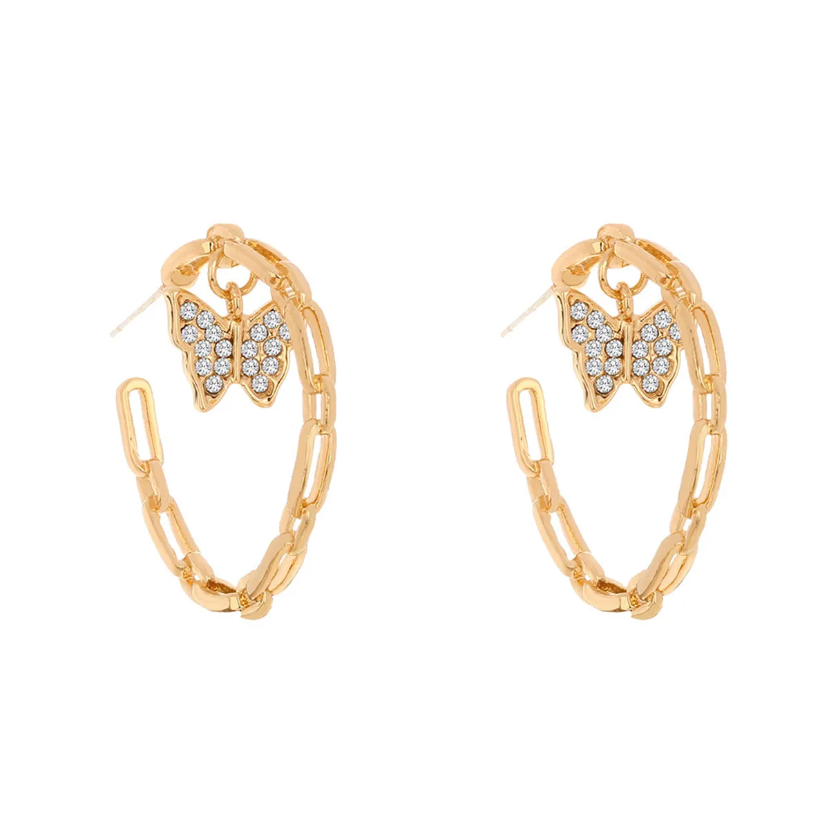 Cubic Zirconia & 18K Gold-Plated Butterfly Chain Hoop Earrings