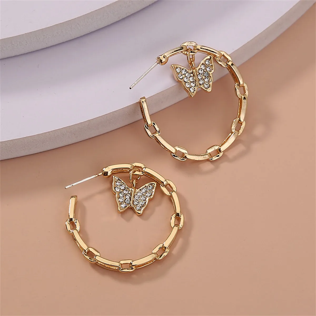 Cubic Zirconia & 18K Gold-Plated Butterfly Chain Hoop Earrings