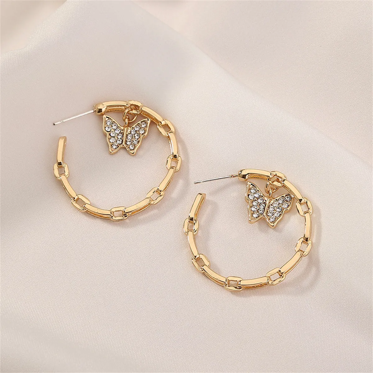 Cubic Zirconia & 18K Gold-Plated Butterfly Chain Hoop Earrings