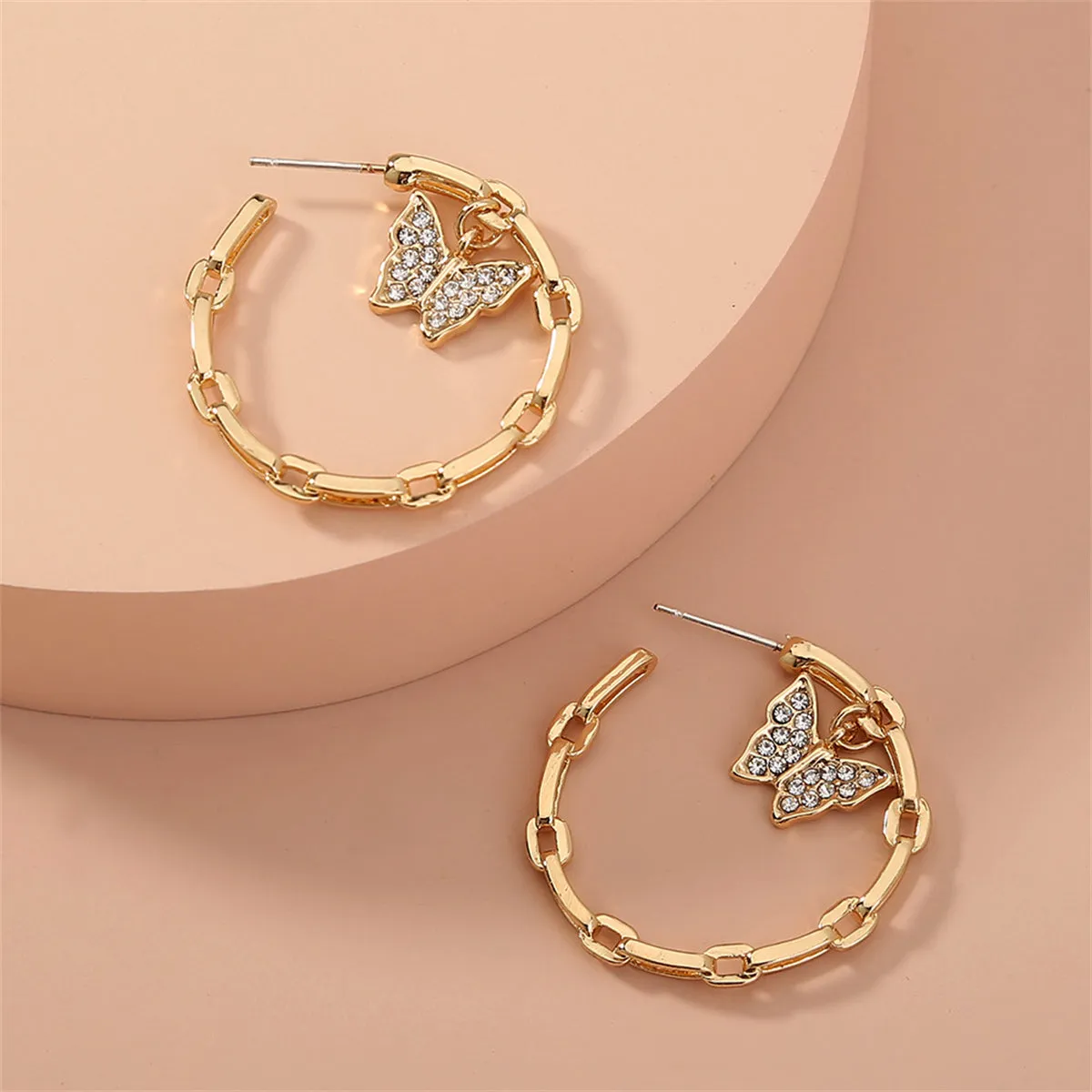 Cubic Zirconia & 18K Gold-Plated Butterfly Chain Hoop Earrings